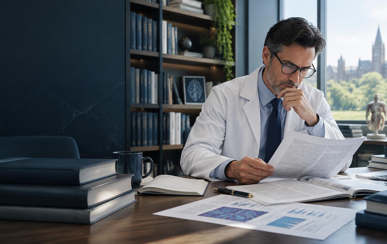 Physician-scientist reviewing a medical manuscript